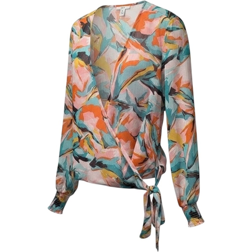 Bar III Womens XL‎ Abstract Print Wrap Top Long Sleeve Smocked Cuff Multi Color